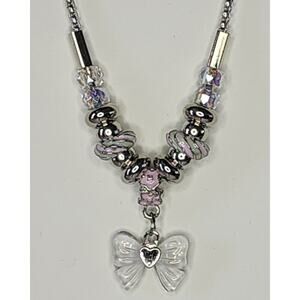 Beads Enamel Flowers & a Bowknot Pendant Necklace Stainless Steel